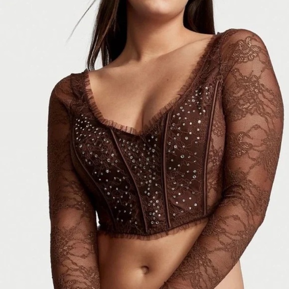 Victoria’s Secret Dream Angels Shimmer Long Sleeve Corset Top Brown Lace Medium - Picture 5 of 7